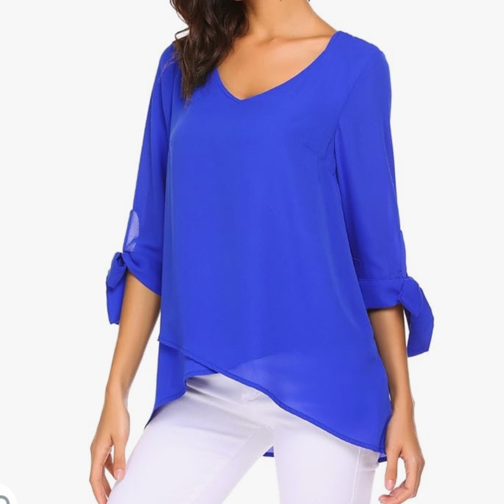 Women Casual Loose V Neck Chiffon Blouse 3/4 Tied Sleeve Layered Top